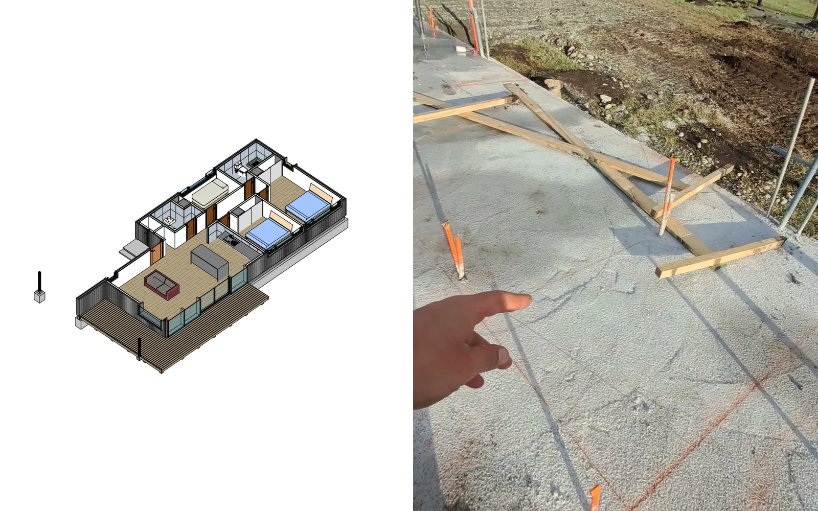 A la izquierda, el modelo 3D de la Casa Lircay con sus recintos amoblados; a la derecha, el radier de la obra con el trazado de los muros marcado en el hormigón