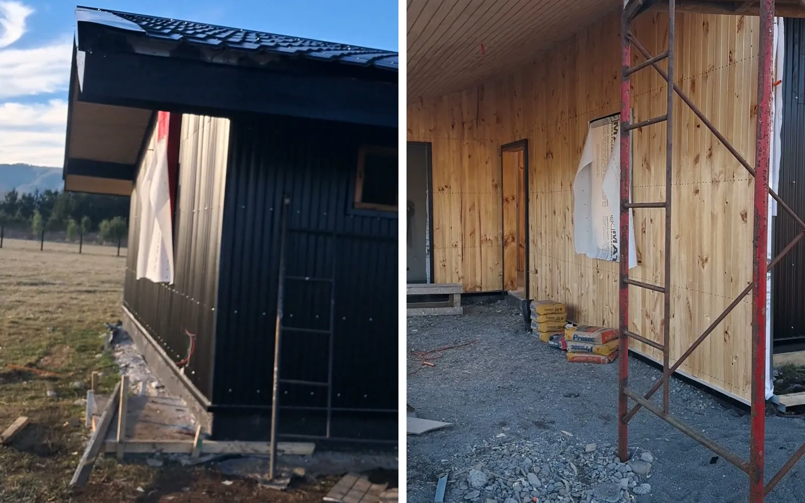 La Casa Lircay en terminaciones: la fachada negra con su revestimiento instalado y el corredor de madera con un andamio y sacos de material