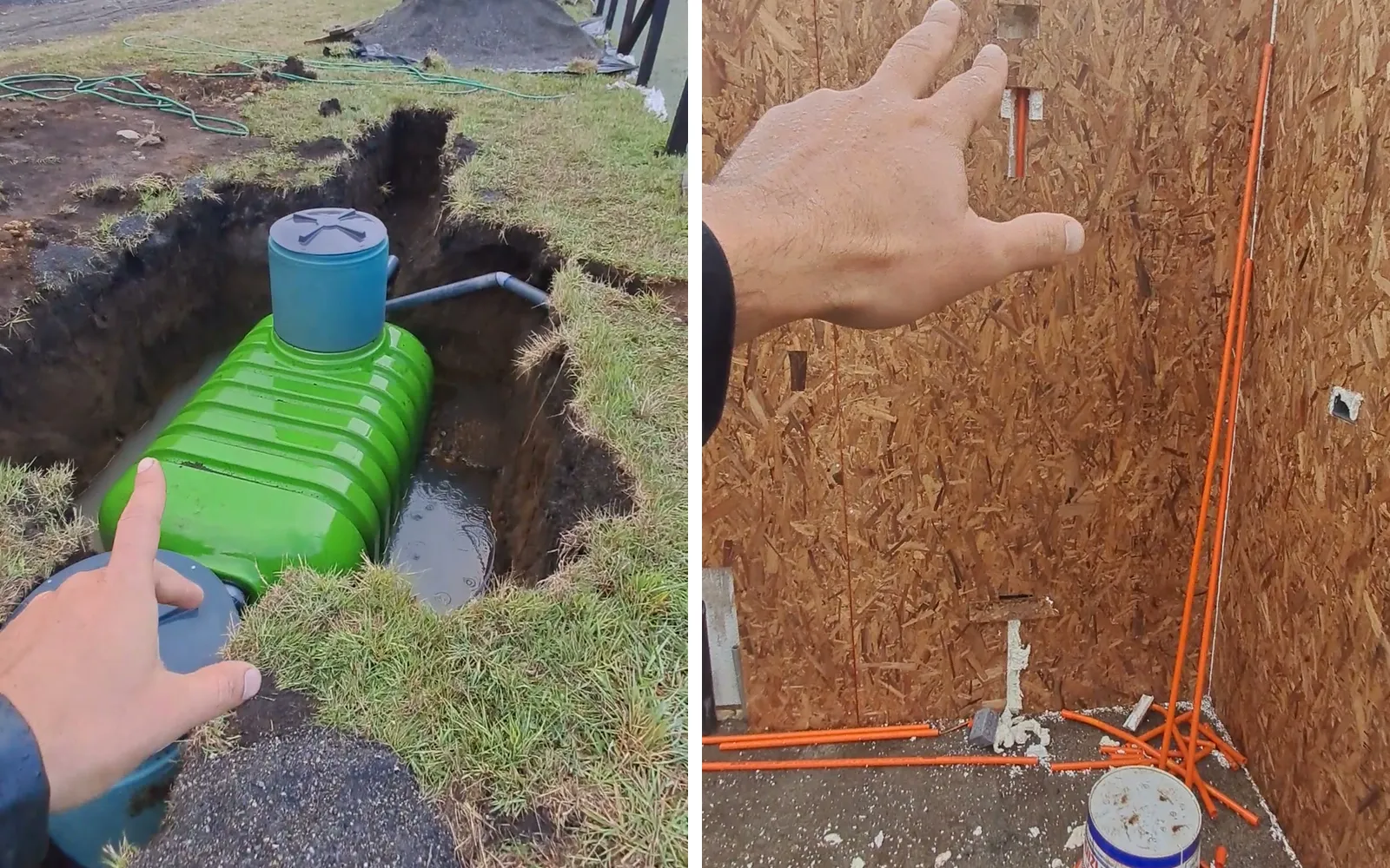 A la izquierda, la planta de tratamiento de aguas servidas de la Casa Lircay instalada en su excavación; a la derecha, las cañerías eléctricas naranjas recorriendo los muros de paneles SIP