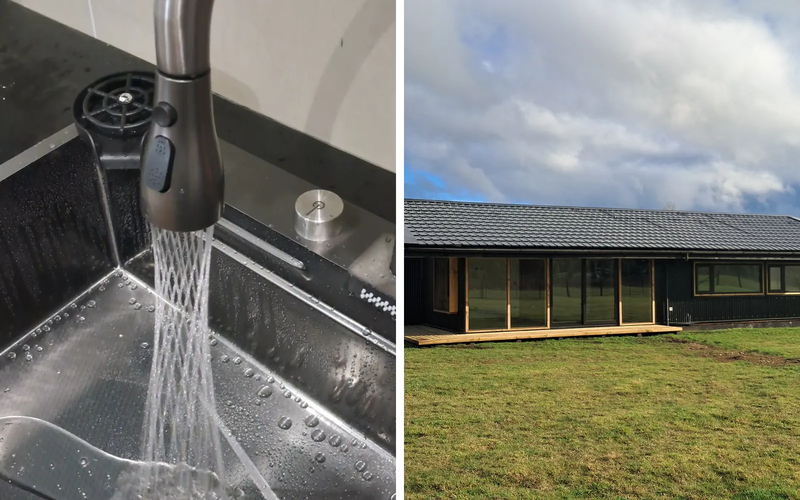 A la izquierda, el agua corriendo en el lavaplatos de la cocina terminada de la Casa Lircay; a la derecha, la casa terminada en su campo de Villarrica